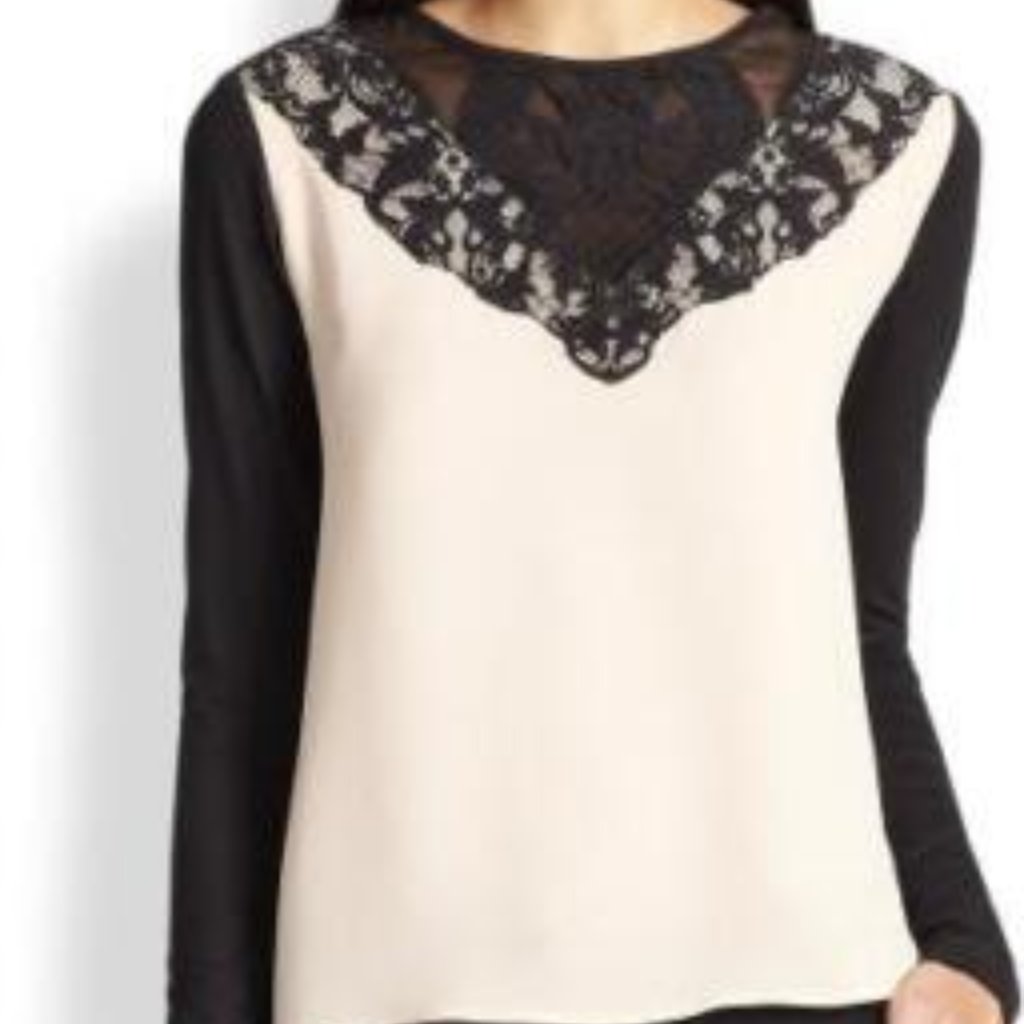 Dvf Diane Von Furstenberg Nadia Lace Panel Silk Top Blouse Pebble Black